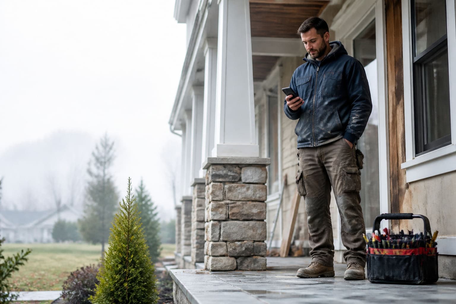 Service pro on a residential job site, glancing at a phone between tasks
